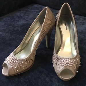 Champagne satin and pearl pumps